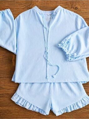 Shorts Set Baby Blue Cotton L ruffle hem Leisure Wear Casual Streetwear Cozy